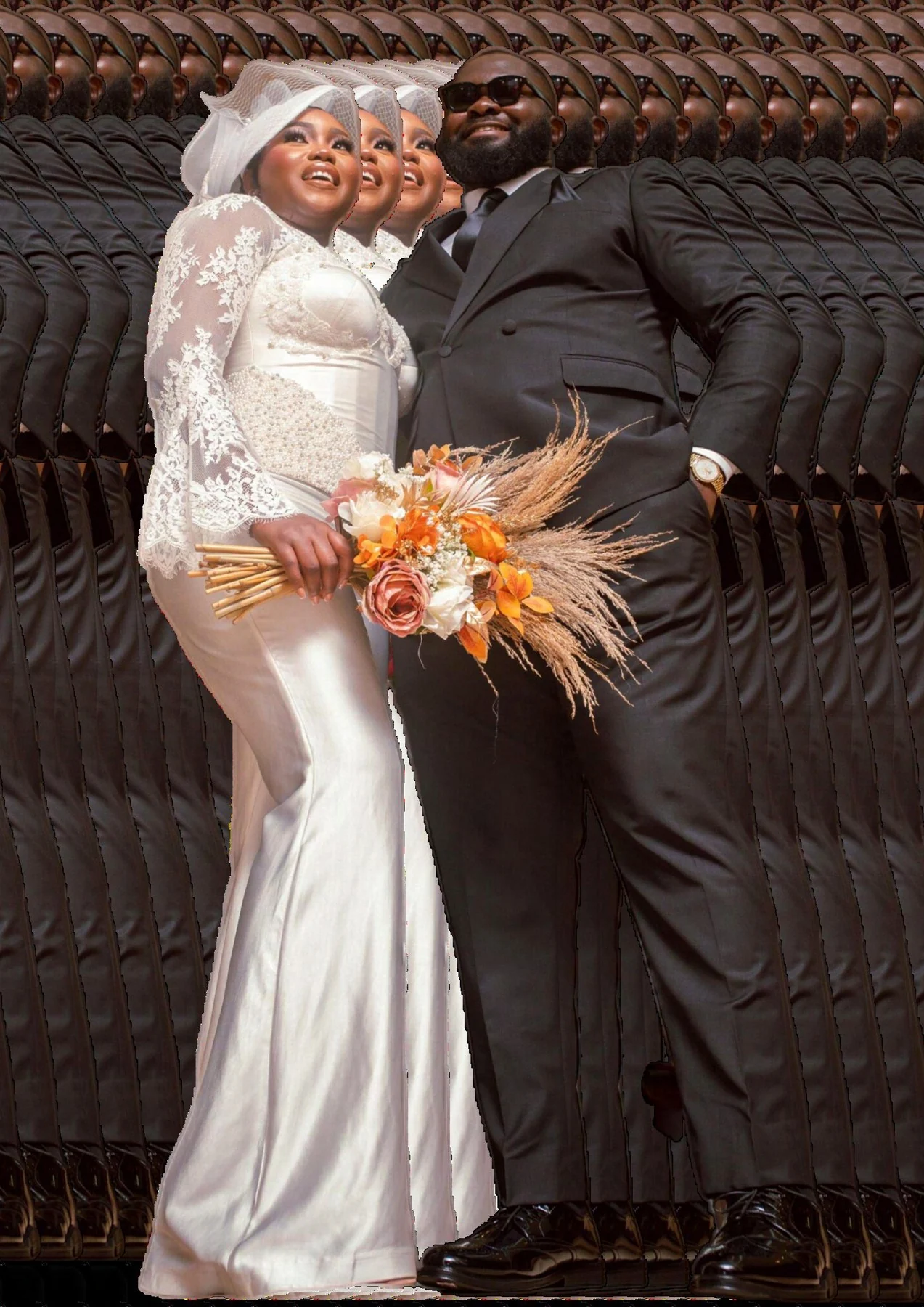 Newly married couple holding a bouquet